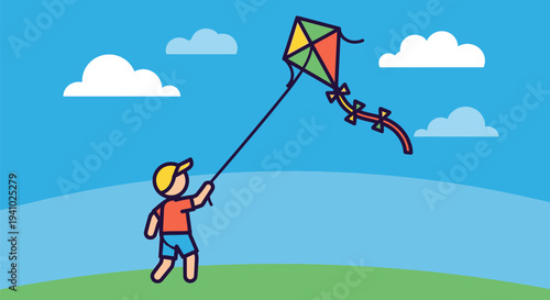 Boy Flying a Colorful Kite Outdoors.