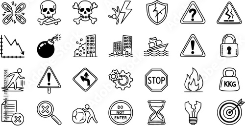 Risk Management and Safety Warning Icons Set. Hand-Drawn Black and White Outline Collection of Business Problems, Danger, Hazard, and Security Symbols.