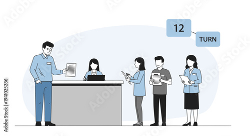 Queue management system with people waiting for their turn at a service counter