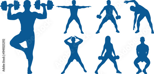 Silhouette illustrations of people performing various exercises with dumbbells