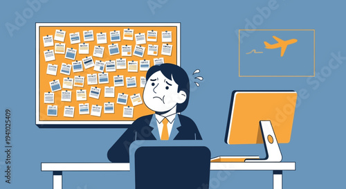 Stressed businessman overwhelmed by workload, calendar overload, travel plans, and computer tasks
