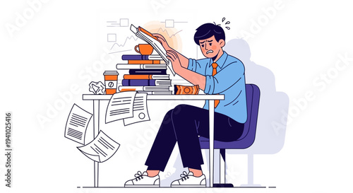 Stressed Businessman Overwhelmed by Paperwork and Deadlines at Desk