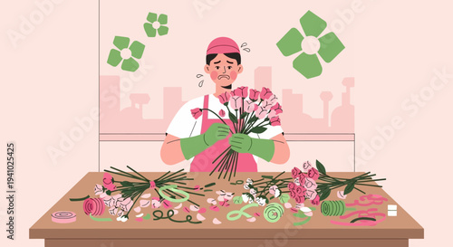 Stressed Florist Arranging Flowers, Overwhelmed by Work, Floral Business Chaos