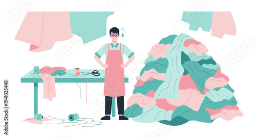 Stressed tailor overwhelmed by a huge pile of fabric scraps and unfinished work
