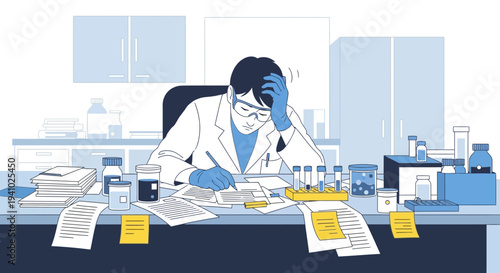 Stressed scientist in lab coat working late at desk with research papers and test tubes