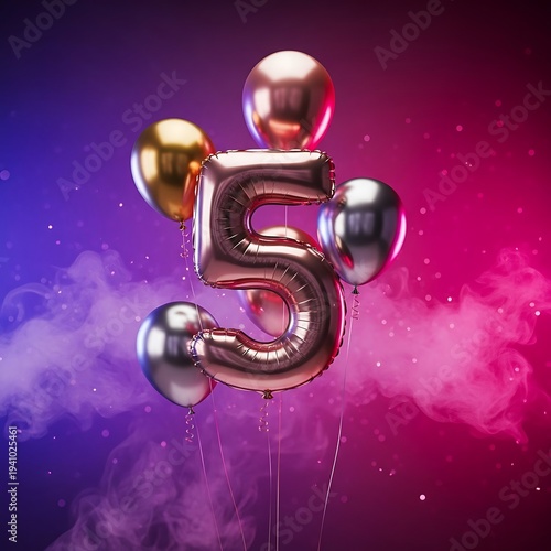 Rose Gold Number 5 Balloon With Other Balloons And Smoke.