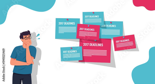 Stressed Man Overwhelmed by Many Deadlines on Sticky Notes
