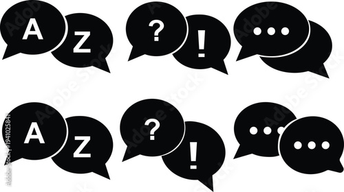 Black speech bubbles with letters and symbols