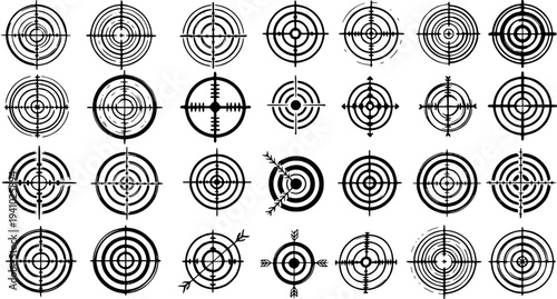 Target Crosshairs and Reticle Icons Set. Diverse Black  White Line Art Vector Collection for Shooting Sports, Aiming, and Precision Graphics.
