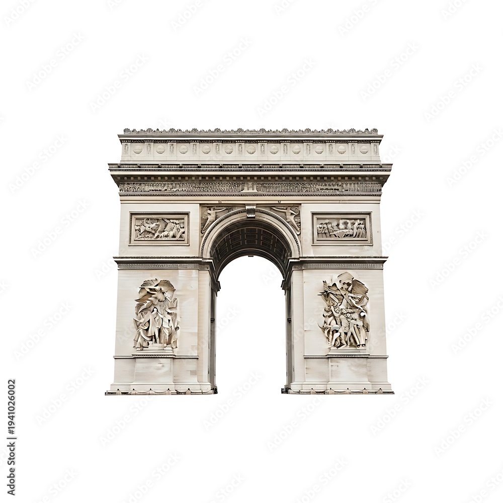 Obraz premium Stone triumphal arch with carved details, isolated on white background, showcasing classical architectural features
