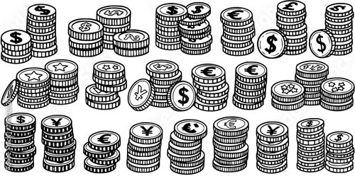 Black and White Line Art of Stacks of Assorted Currency Coins, Finance and Banking Concept