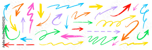 Arrow pencil brush crayon set. Arrow line hand drawn sketch with chalk marker stroke texture grunge pastel color. Fun kid doodle swirl spiral underline check symbol childish cute. Vector illustration