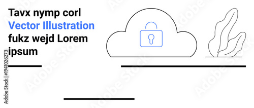 Cloud computing, data protection, cybersecurity, online privacy, secure storage, digital security. A lock symbol inside a cloud with text placeholders and plant outline. Cloud computing and data