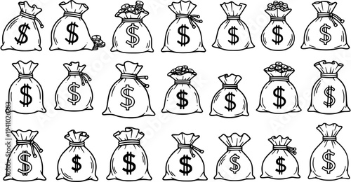 Finance and Wealth Black and White Line Art Money Bags Collection. Hand-drawn doodle style dollar sacks for banking, business, and investment concepts.
