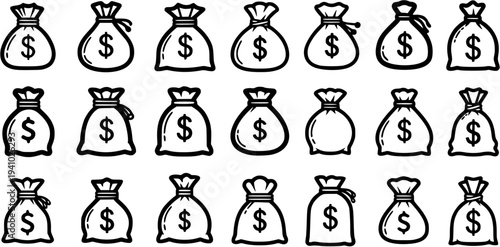 Black and White Line Art of Money Bags with Dollar Signs, Finance and Wealth Concept