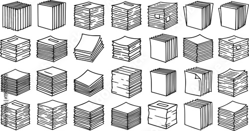 Office and Business Documentation Stacks of Paper Line Art Vector Set. Black and White Outline Illustrations of Files, Documents, and Reams for Administration.