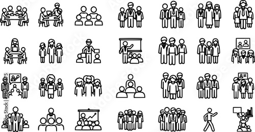 Business and Teamwork Management Outline Icons Set - People, Groups, Meetings, Collaboration, and Presentation Line Art Graphics