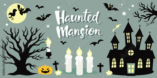 A spooky halloween scene featuring a haunted mansion and eerie elements