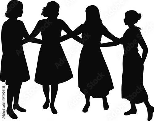Silhouette people holding hands, unity circle, teamwork illustration, friendship connection, solidarity concept, community support, cooperative gesture, group harmony scene