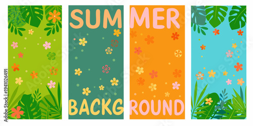 Colorful summer backgrounds with tropical leaves and floral patterns