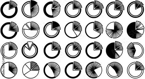 Business Finance Data Analysis Pie Chart Icons Set - Black  White Line Art Glyphs for Statistics, Information, and Presentation Graphics
