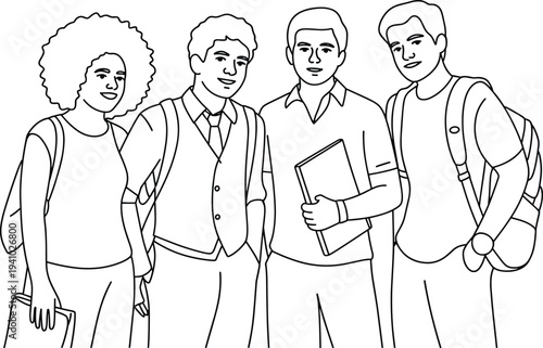 Student group silhouette illustration, academic life artwork, education concept design, classmates unity scene, casual attire figures, learning community artwork