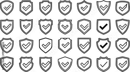 Black and White Line Art Security Shield Icons Set with Checkmarks. Protection, Validation, Guarantee, Trust, and Approved Vector Symbols for Technology, Business.