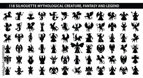 118 Mythological Creature Silhouettes Set, Fantasy and Legend Icons, Magic, Dragon, Unicorn, Demon, Wizard, Vector Graphics, Black, Isolated