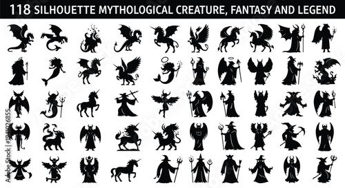 118 Silhouette Mythological Creature Set Vector, Fantasy and Legend Figures Demon Angel Dragon Unicorn Mermaid Wizard Collection