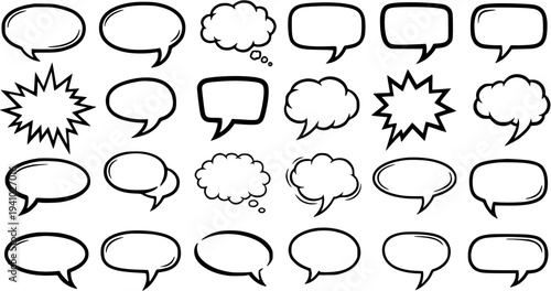 Hand-Drawn Black and White Line Art Comic Speech and Thought Bubbles Set. Communication, UIUX, Social Media Dialogue  Chat Elements