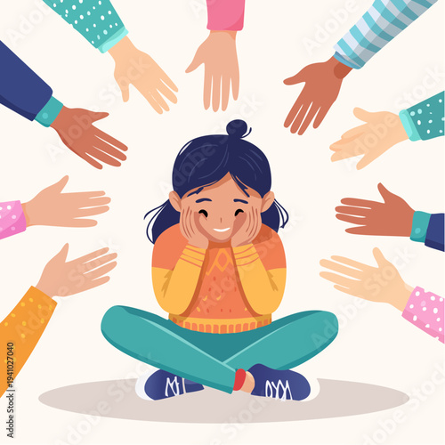 Sad Girl Sitting While Many Hands Pointing at Her Bullying and Social Pressure Concept Illustration