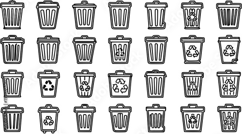 Environmental Waste Management Line Art Icons Set: Black and White Outline Trash Cans and Recycling Bins Vector Collection