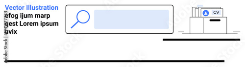 Job search, recruitment process, CV review, talent acquisition, document organization, career management. Magnifying glass and CV folder on storage boxes. Job search and recruitment concept