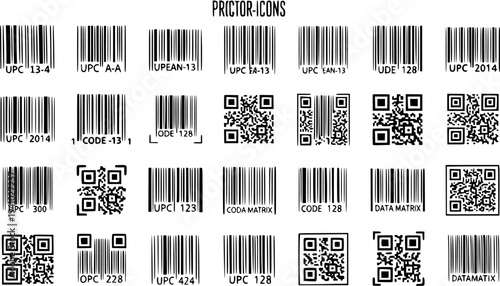 Barcode and QR Code Icons: A Black and White Vector Set for Technology, Retail, and Data Management Solutions
