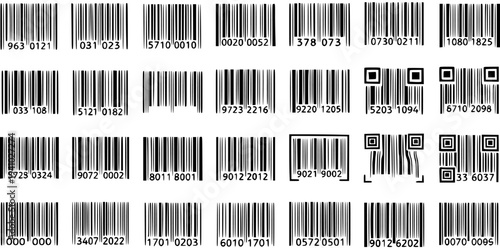 Commerce and Technology Barcode and QR Code Vector Icon Set. Black and White Linear Glyphs for Product Identification and Data Management.