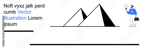 Creativity, innovation, geometric design, business solutions, minimalism, modern concepts. Pyramids and a businessperson with idea bulb. Innovation and creativity in modern concepts
