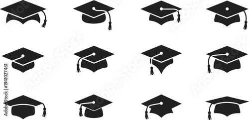 Black graduation cap vector icon set, academic mortarboard hats for education, university commencement, and student achievement symbols