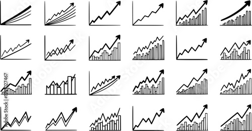 Hand-drawn Business  Finance Growth Charts Doodle Line Art Collection. Upward Arrow Trends, Marketing Statistics, and Economy Success Graphs.