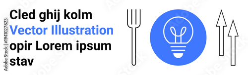 Innovation, food industry trends, minimalism, business, ideas, guidance. Blue light bulb icon with fork and arrows. Innovation and food industry trends concept