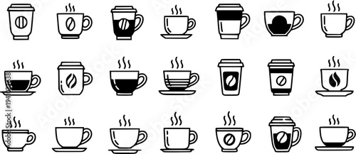 Black  White Line Art Icons of Coffee Cups and Takeaway Coffee Mugs, Food and Beverage Industry