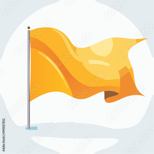 A vibrant yellow-orange flag waves gently in the breeze against a serene light gray background, viewed from a slight angle.