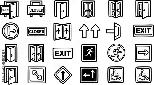 Vector Icon Set: Doors, Exits, Arrows, Handicap Symbols - Black and White Line Art