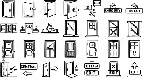 Black and White Line Art Icons of Various Doors, Exits, and Safety Symbols for Architecture and Design