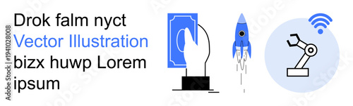 Digital payments, innovation, robotics, automation, wireless communication, technology advancement. Hand interacting with card, rocket launch robotic arm with wireless signal. Digital payments