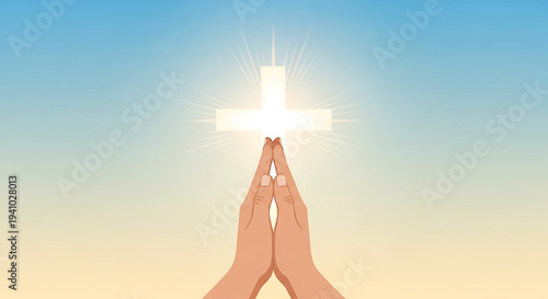 Hands clasped in prayer reach towards a radiant luminous cross, symbolizing spiritual devotion, profound faith, and divine hope under a peaceful sky