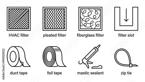 Air ventilation maintenance icons set including hvac filter pleated and fiberglass types plus tape