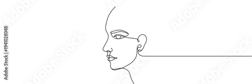 Minimalist continuous one line drawing of a woman face profile for modern wall art. Editable stroke outline. Draw thin linear width. Single contour art. Doodle hand drawn vector illustration