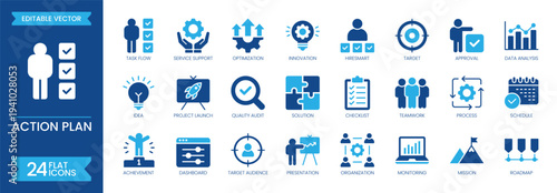 Action plan flat icon set. Containing project management, business strategy, planning actions, schedule, analysis, tasks, goal, roadmap, target, competition and more. Solid vector icons collection