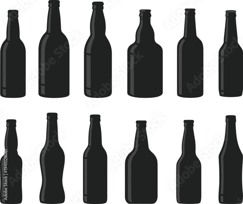 Black glass bottle silhouette set, various beer and soda beverage container icons for packaging design elements