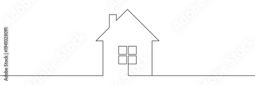 Continuous one line drawing of a simple house with chimney and window for real estate. Editable stroke outline. Draw thin linear width. Single contour art. Doodle hand drawn vector illustration